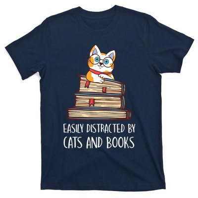 Easily Distracted By Cats And Books Cat & Book Lover T-Shirt