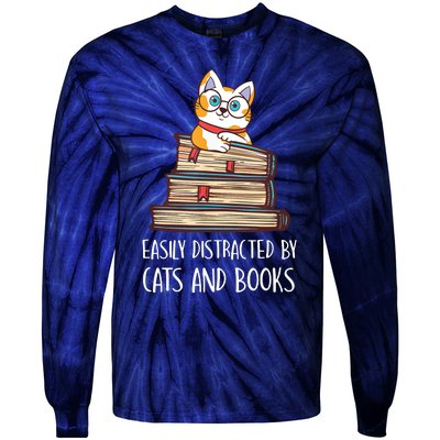 Easily Distracted By Cats And Books Cat & Book Lover Tie-Dye Long Sleeve Shirt