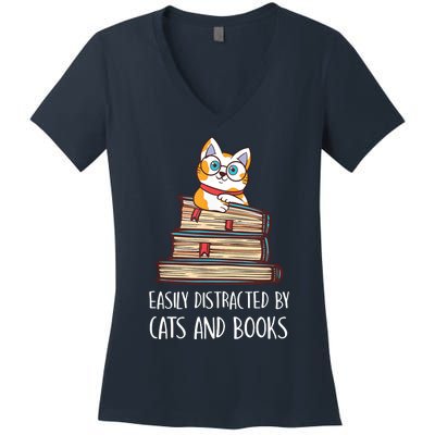 Easily Distracted By Cats And Books Cat & Book Lover Women's V-Neck T-Shirt