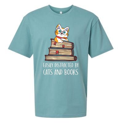 Easily Distracted By Cats And Books Cat & Book Lover Sueded Cloud Jersey T-Shirt