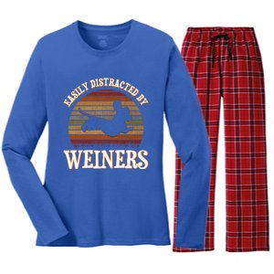 Easily Distracted By Weiners Dachshund Lovers Wiener Lovers Cool Gift Women's Long Sleeve Flannel Pajama Set 