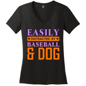 Eaisly Distracted By Baseball And Dog Women's V-Neck T-Shirt