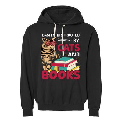 Easily Distracted By Cats And Books Garment-Dyed Fleece Hoodie