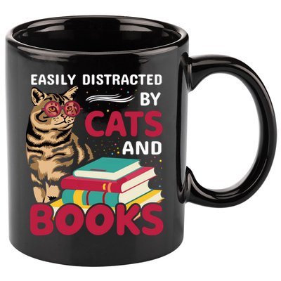 Easily Distracted By Cats And Books 11oz C Handle Ceramic Mug