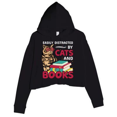 Easily Distracted By Cats And Books Crop Fleece Hoodie