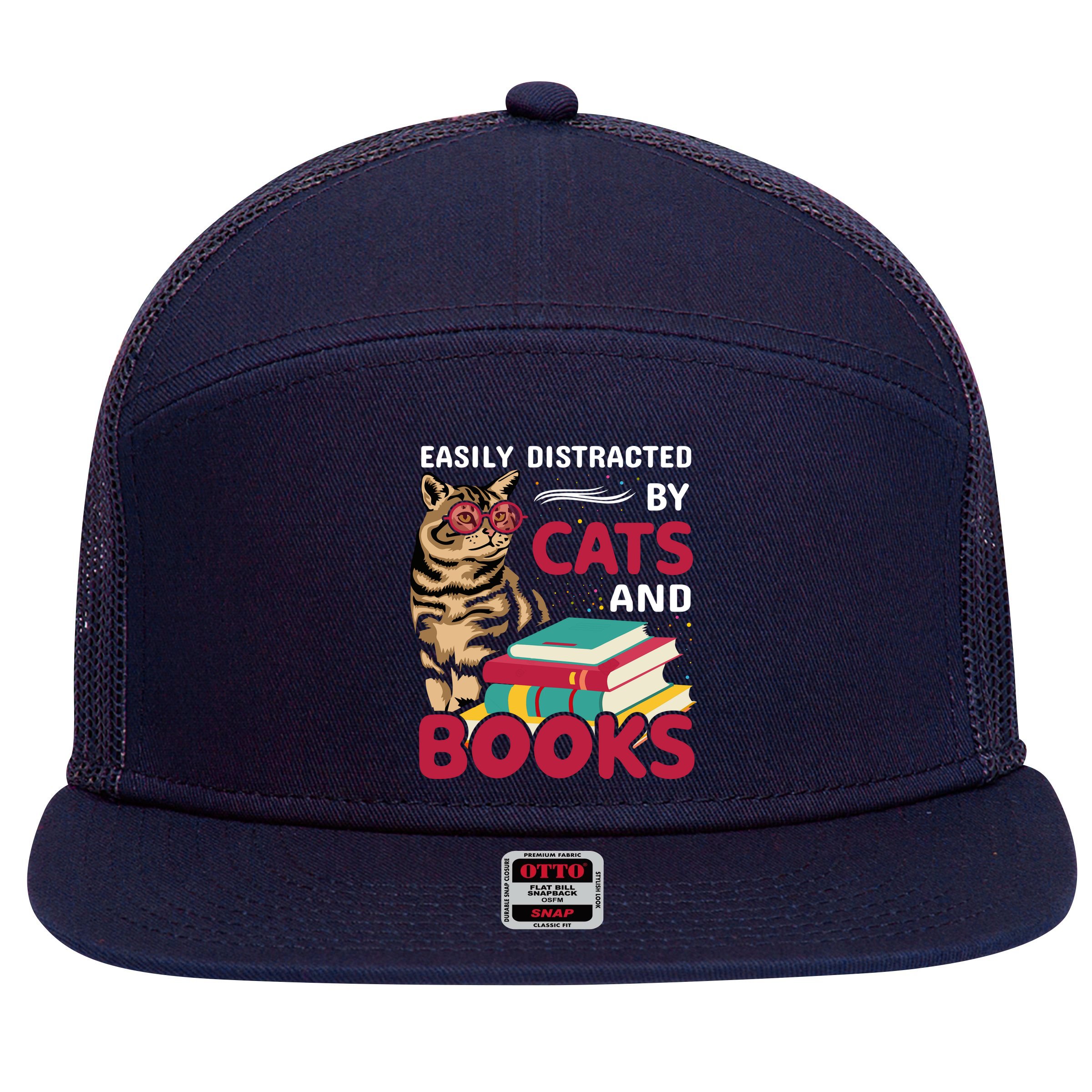 Easily Distracted By Cats And Books 7 Panel Mesh Trucker Snapback Hat