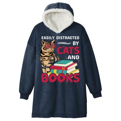 Easily Distracted By Cats And Books Hooded Wearable Blanket