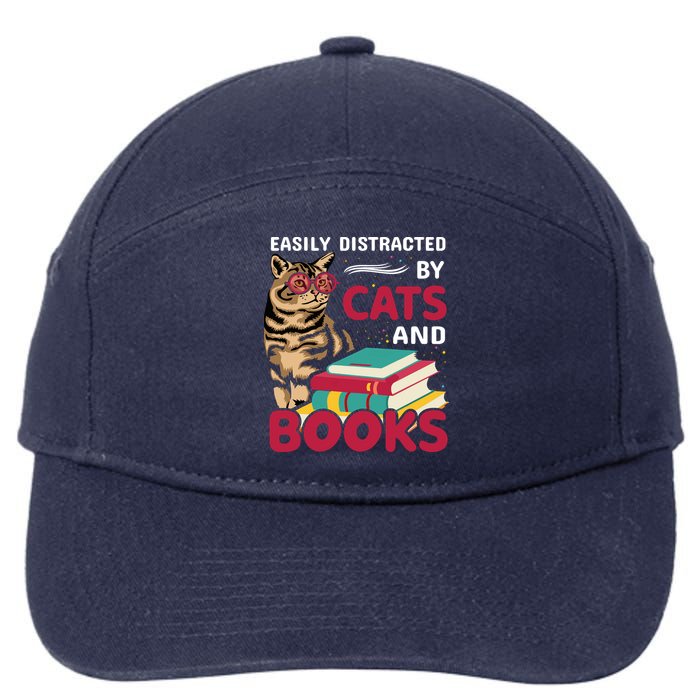 Easily Distracted By Cats And Books 7-Panel Snapback Hat