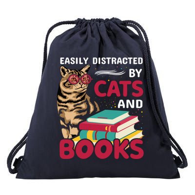 Easily Distracted By Cats And Books Drawstring Bag