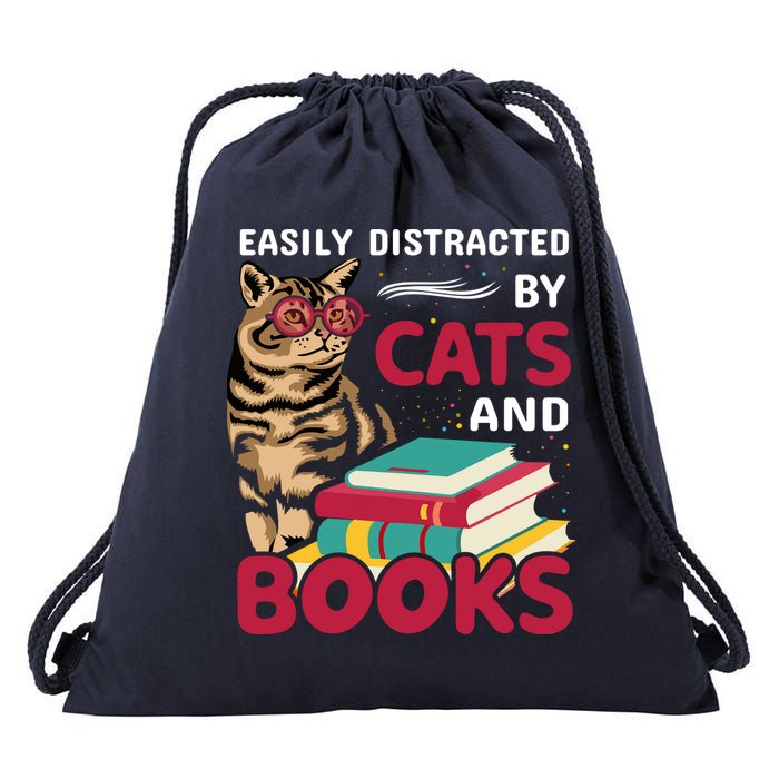 Easily Distracted By Cats And Books Drawstring Bag
