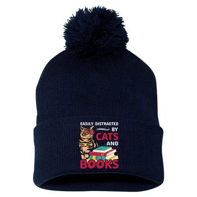 Easily Distracted By Cats And Books Pom Pom 12in Knit Beanie