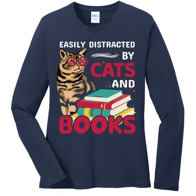 Easily Distracted By Cats And Books Ladies Long Sleeve Shirt