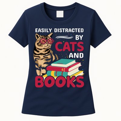 Easily Distracted By Cats And Books Womens T-Shirt