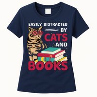 Easily Distracted By Cats And Books Womens T-Shirt