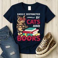 Easily Distracted By Cats And Books Womens T-Shirt