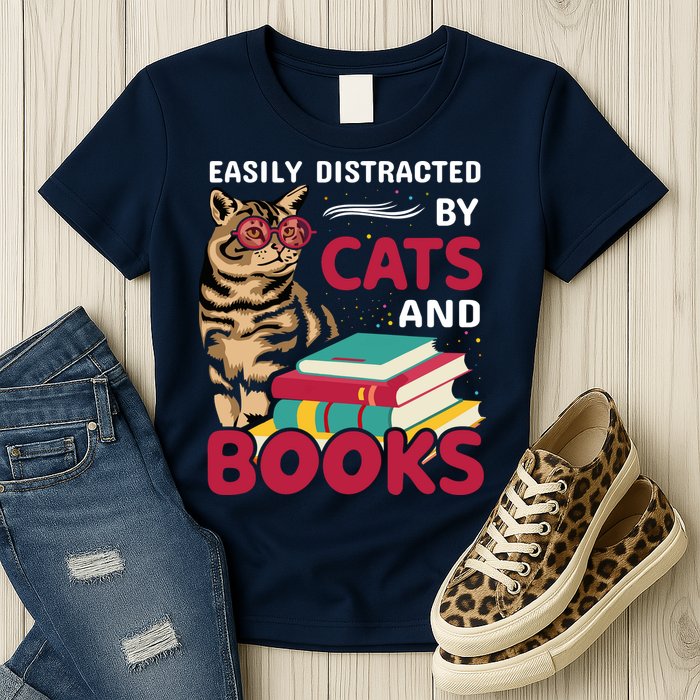 Easily Distracted By Cats And Books Womens T-Shirt
