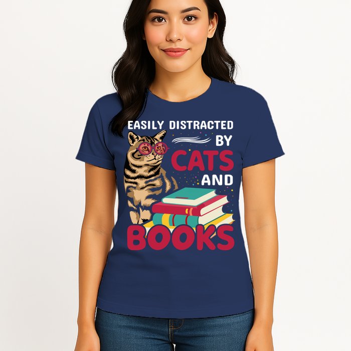 Easily Distracted By Cats And Books Womens T-Shirt