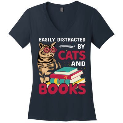 Easily Distracted By Cats And Books Women's V-Neck T-Shirt