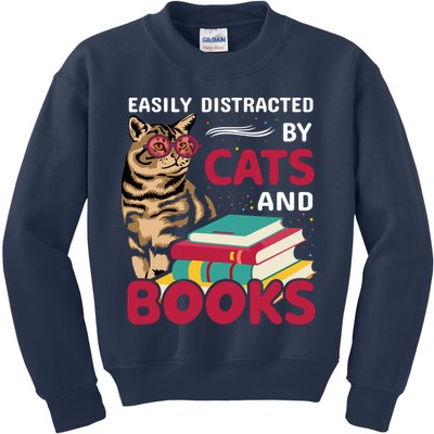 Easily Distracted By Cats And Books Kids Sweatshirt
