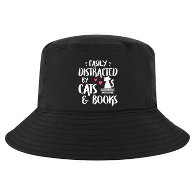 Easily Distracted by Cats and Books Cat & Book Lover Cool Comfort Performance Bucket Hat