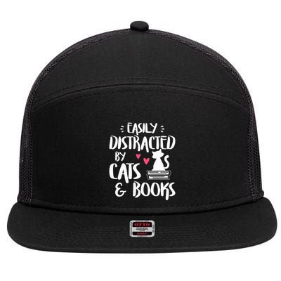 Easily Distracted by Cats and Books Cat & Book Lover 7 Panel Mesh Trucker Snapback Hat