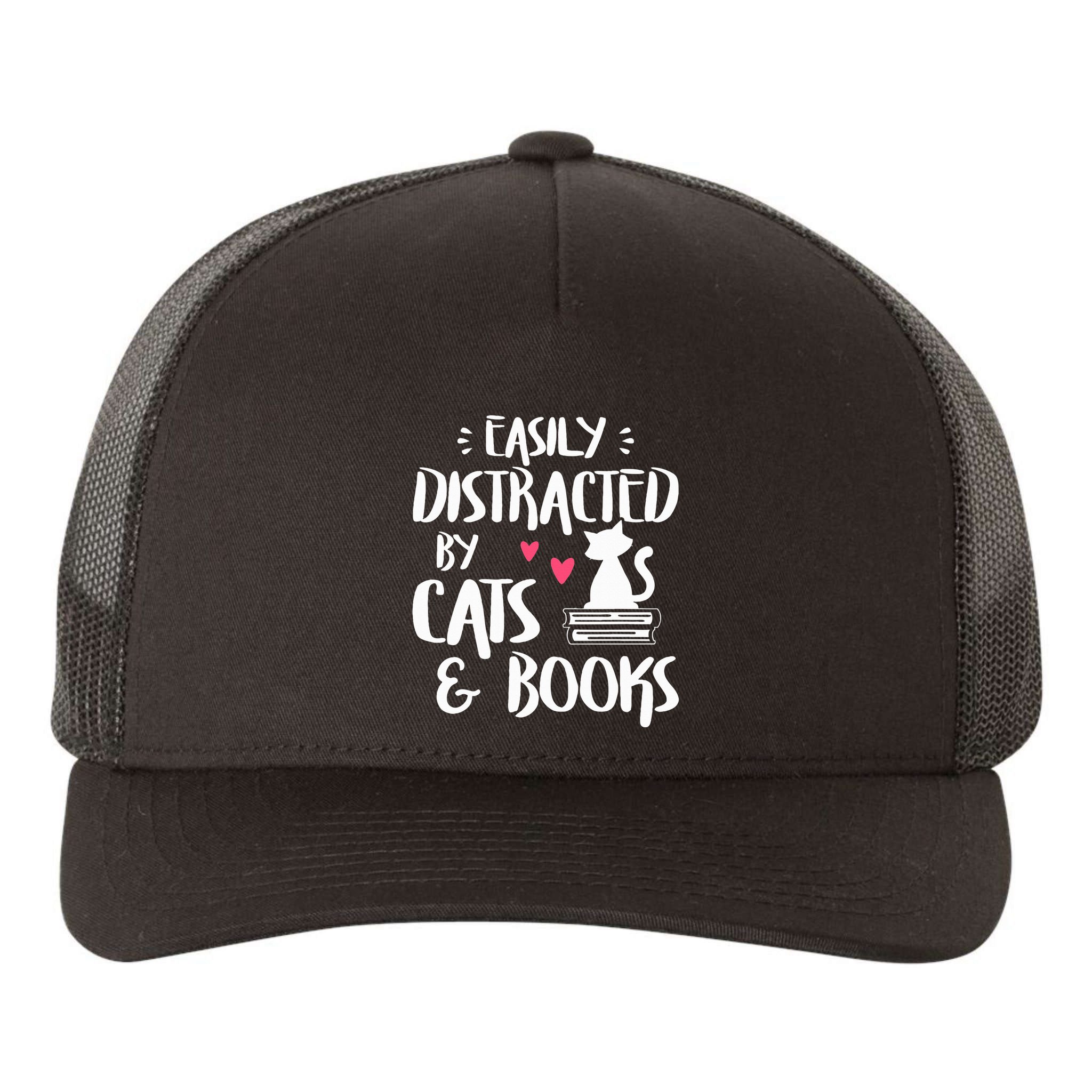 Easily Distracted by Cats and Books Cat & Book Lover Yupoong Adult 5-Panel Trucker Hat