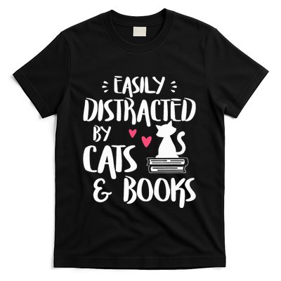 Easily Distracted by Cats and Books Cat & Book Lover T-Shirt