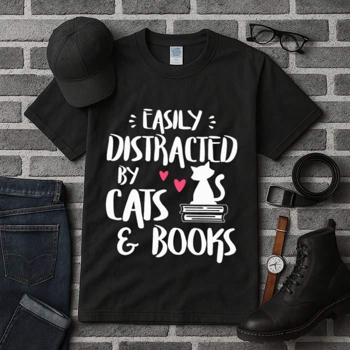 Easily Distracted by Cats and Books Cat & Book Lover Tall T-Shirt