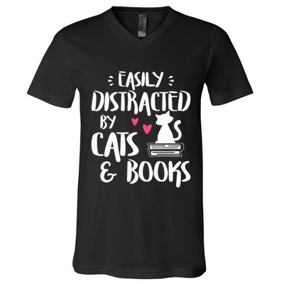 Easily Distracted by Cats and Books Cat & Book Lover V-Neck T-Shirt