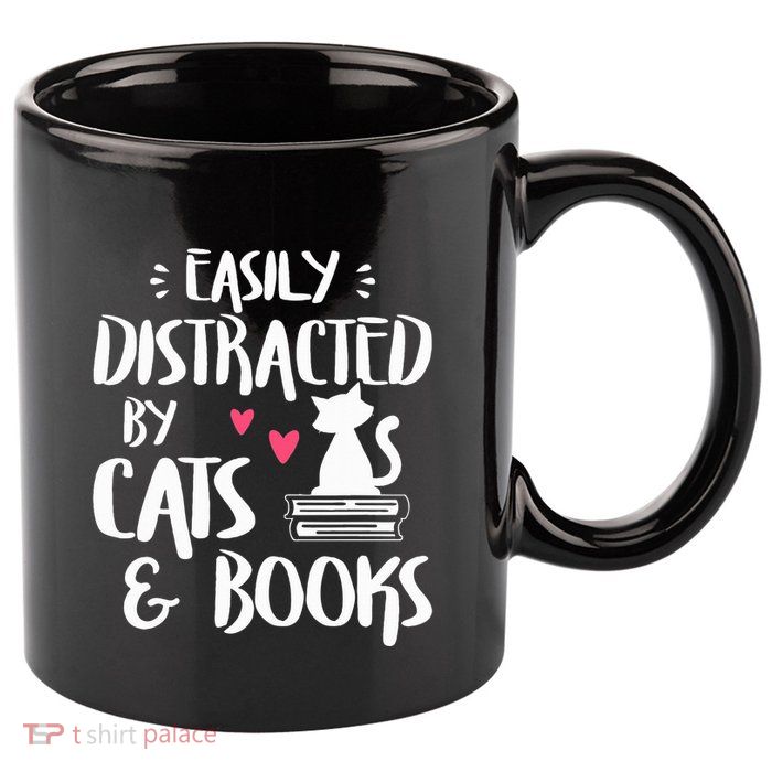 Easily Distracted by Cats and Books Cat & Book Lover 11oz C Handle Ceramic Mug