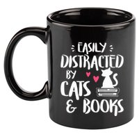 Easily Distracted by Cats and Books Cat & Book Lover 11oz C Handle Ceramic Mug
