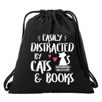 Easily Distracted by Cats and Books Cat & Book Lover Drawstring Bag