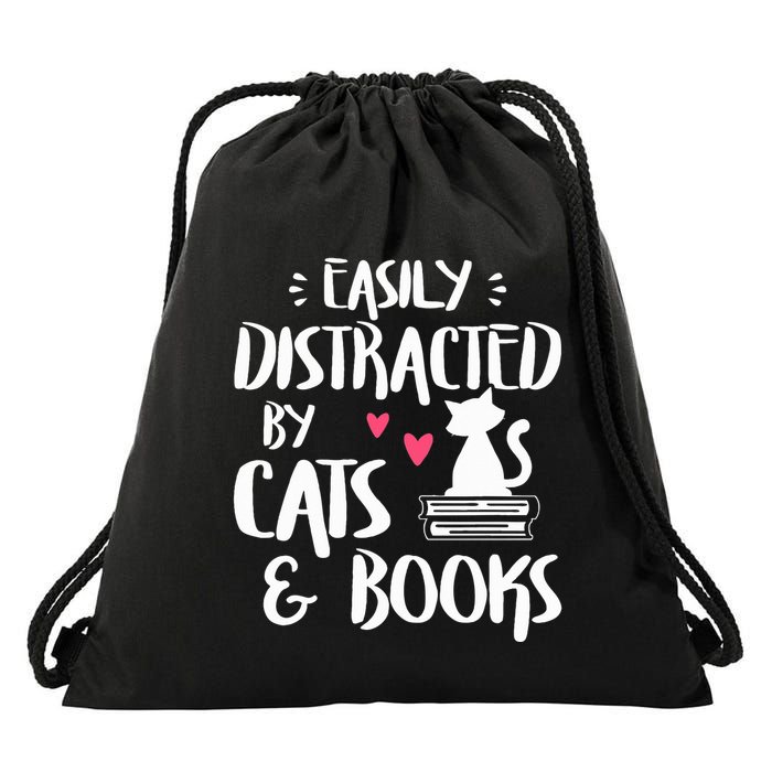 Easily Distracted by Cats and Books Cat & Book Lover Drawstring Bag