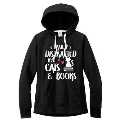 Easily Distracted by Cats and Books Cat & Book Lover Women's Fleece Hoodie