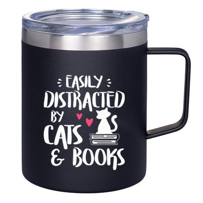 Easily Distracted by Cats and Books Cat & Book Lover 12oz Stainless Steel Coffee Mug