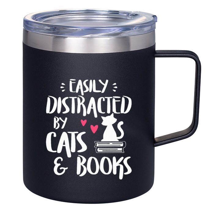 Easily Distracted by Cats and Books Cat & Book Lover 12oz Stainless Steel Coffee Mug