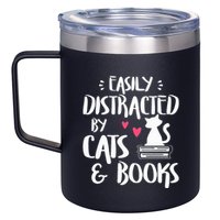 Easily Distracted by Cats and Books Cat & Book Lover 12oz Stainless Steel Coffee Mug