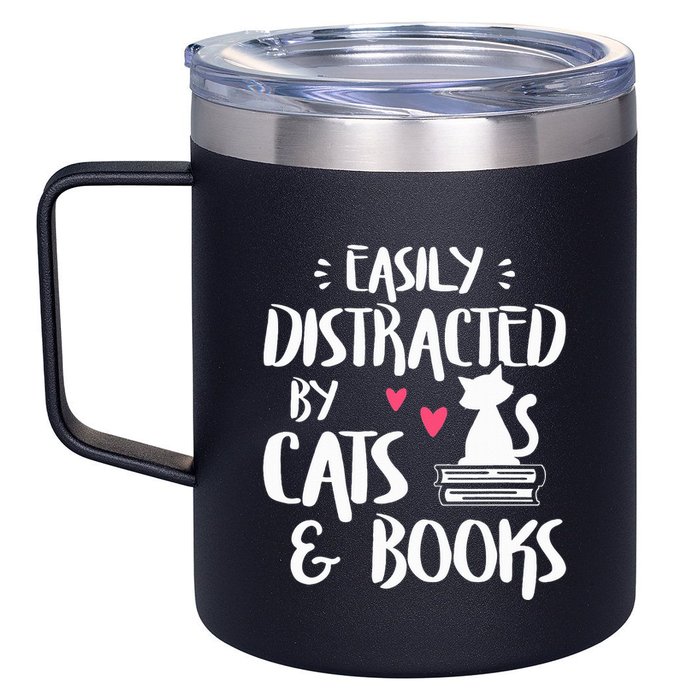 Easily Distracted by Cats and Books Cat & Book Lover 12oz Stainless Steel Coffee Mug