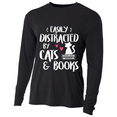 Easily Distracted by Cats and Books Cat & Book Lover Cooling Performance Long Sleeve Crew