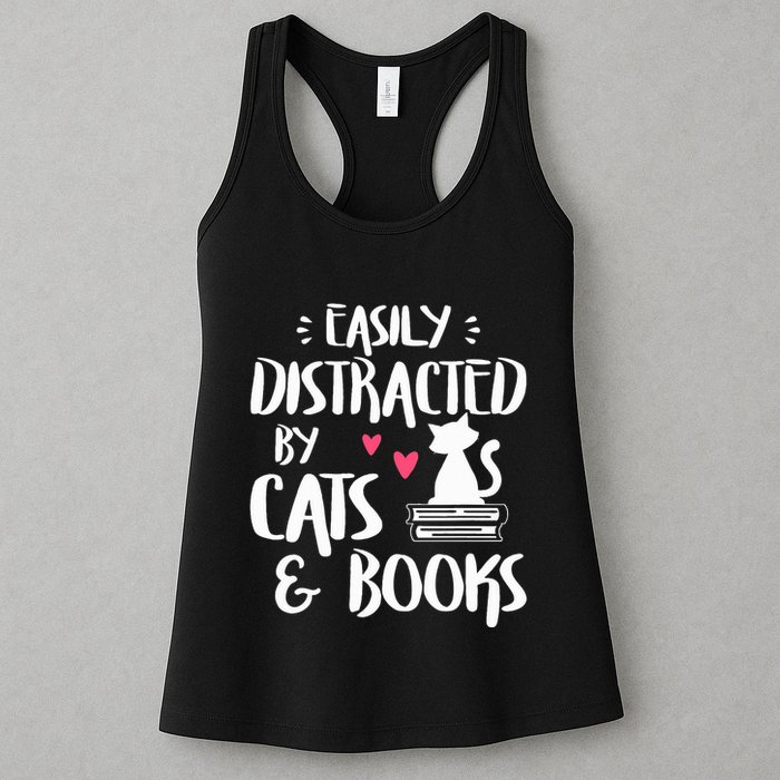 Easily Distracted by Cats and Books Cat & Book Lover Womens Tank Top