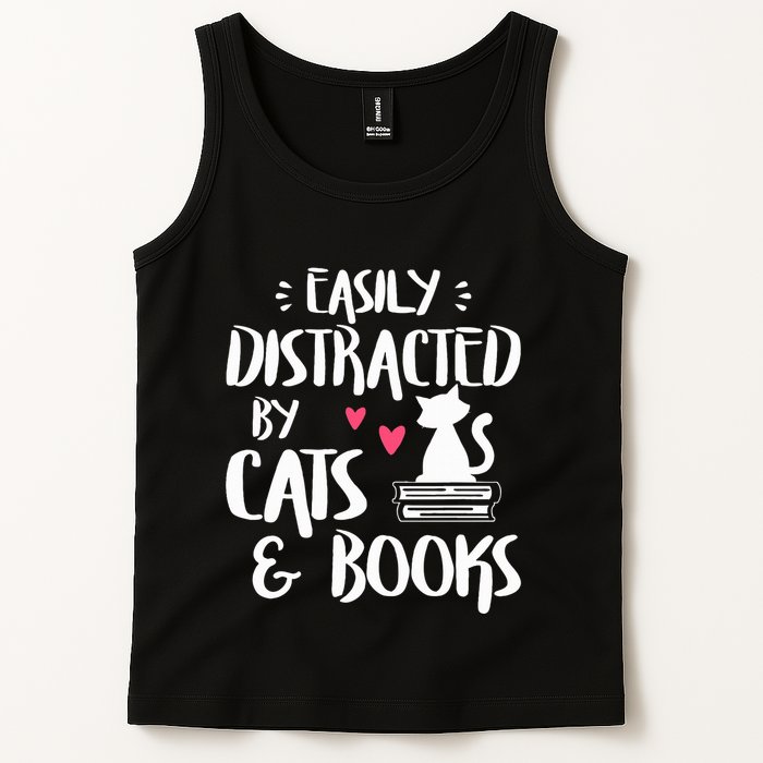 Easily Distracted by Cats and Books Cat & Book Lover Tank Top