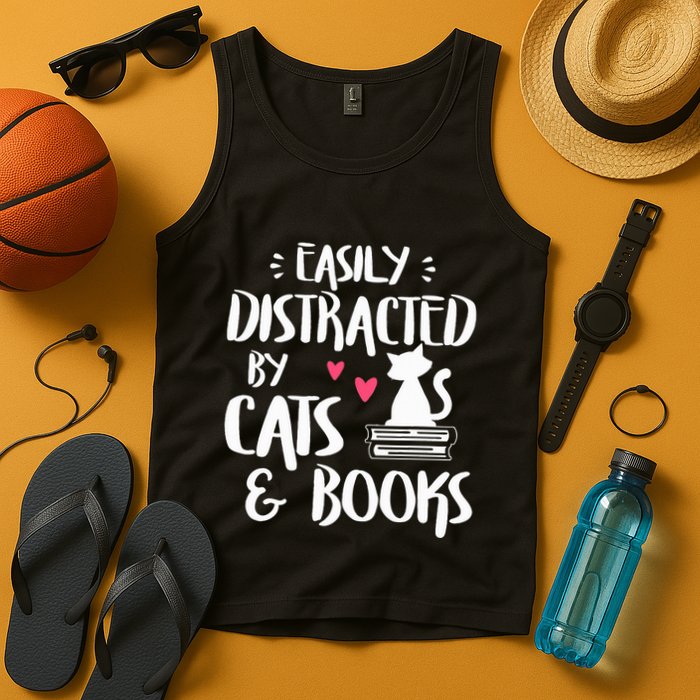 Easily Distracted by Cats and Books Cat & Book Lover Tank Top