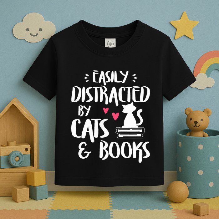 Easily Distracted by Cats and Books Cat & Book Lover Toddler T-Shirt