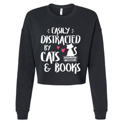 Easily Distracted by Cats and Books Cat & Book Lover Cropped Pullover Crew