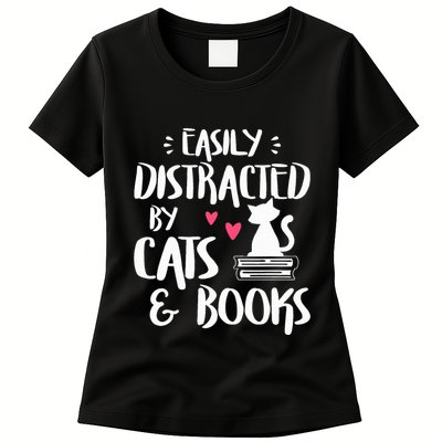 Easily Distracted by Cats and Books Cat & Book Lover Womens T-Shirt