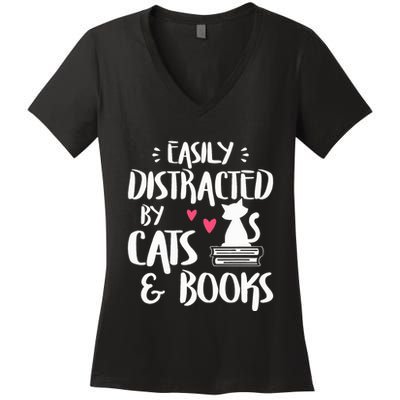 Easily Distracted by Cats and Books Cat & Book Lover Women's V-Neck T-Shirt