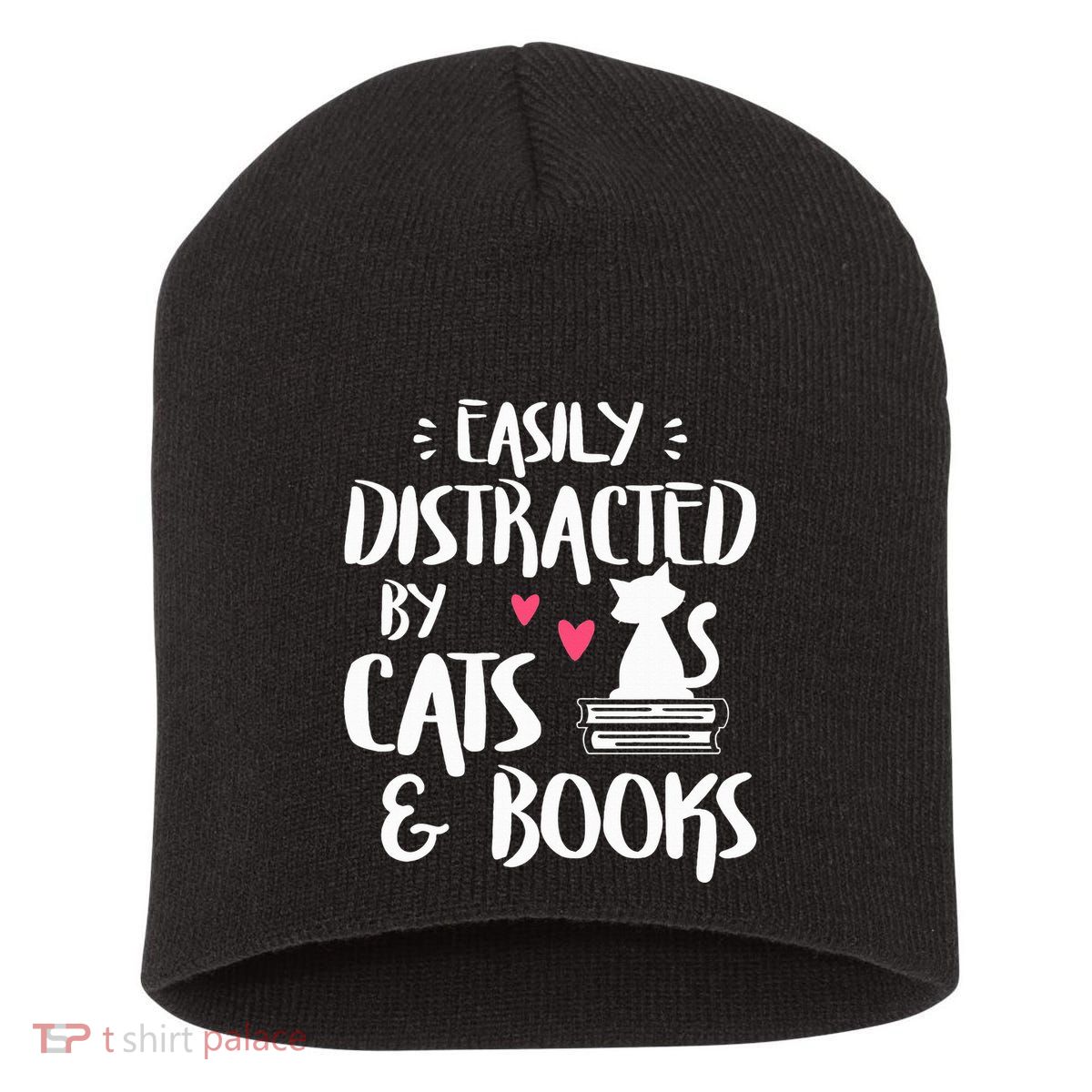 Easily Distracted by Cats and Books Cat & Book Lover Short Acrylic Beanie