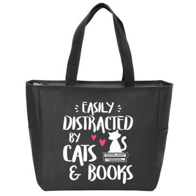 Easily Distracted by Cats and Books Cat & Book Lover Zip Tote Bag