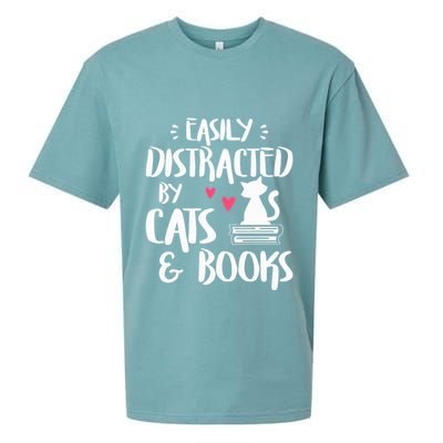 Easily Distracted by Cats and Books Cat & Book Lover Sueded Cloud Jersey T-Shirt