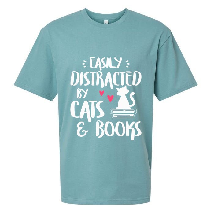 Easily Distracted by Cats and Books Cat & Book Lover Sueded Cloud Jersey T-Shirt